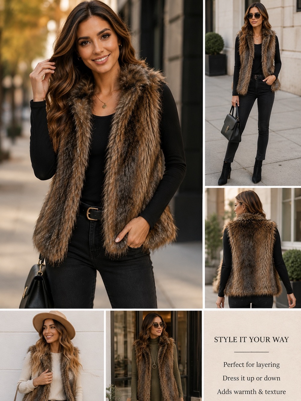 EXPRESS Faux Fur Vest Women Small Brown Open Front Boho Winter Layering - Picture 3 of 16